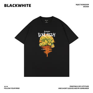 Camiseta de manga corta con estampado de girasoles y letras, estilo holgado, de algodón tejido transpirable, para parejas, Verano 2026 Q46 - Product Image 3