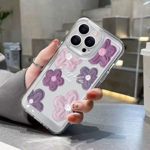 Coque de téléphone anti-chute à couverture intégrale motif fleur peinture à l'huile rose et violette pour iPhone 12/13/14/15/16/17 Pro Max - Product Image 4