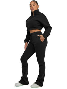 Set Invernale da <span class=keywords><strong>Donna</strong></span> 2 Pezzi Personalizzabile con Logo: Felpa Crop Top con Mezza Zip e Pantaloni a Pieghe - Product Image 4