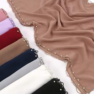 Nuevo Hiyab de Chifón Largo <span class=keywords><strong>para</strong></span> <span class=keywords><strong>Mujer</strong></span>, con Cuentas de Perlas y Borde Ondulado, Estilo <span class=keywords><strong>Turbante</strong></span> Árabe de Oriente Medio - Product Image 4