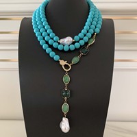 Collier superposé BD-B10107 avec perles turquoise, cristaux émeraude et breloques en perles, fait main, style vintage, bijoux pour femme