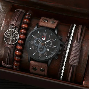 Montre-<span class=keywords><strong>bracelet</strong></span> décontractée à quartz pour homme, <span class=keywords><strong>bracelet</strong></span> en PU à double clou, cadran en verre de 44 mm, affichage numérique, trois aiguilles, calendrier, <span class=keywords><strong>bracelet</strong></span> en cuir - Product Image 4