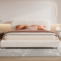 Lit de luxe moderne en tissu bouclé beige avec cadre en contreplaqué pour chambre à coucher