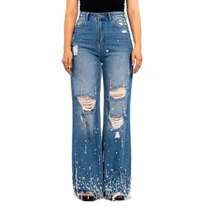 Women Holes Ripped Tassel Flare Jeans Hollow Out Sexy High Waist Denim Trousers  Ladies Vintage Stretch Slim Jeans Wide Leg Pants Color: light blue, Size: XL