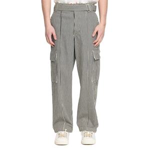 100% algodón Y2K Hip Hop invierno Casual Chill estilo pantalones vaqueros de pierna ancha con cinturón de tiro medio lavado bolsillos utilitarios laterales todo sobre rayas - Product Image 1