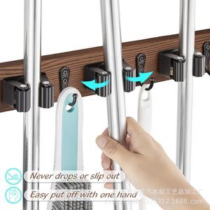 Wooden Wall Mounted <b>Mop</b> And Broom Rack With Hooks For <b>Cleaning</b> Supplies Storage Punch Free Installation - Product Image 3