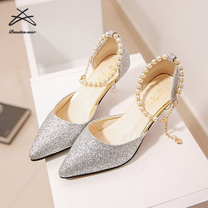 Sandales pour femmes été 2022, nouvelle mode coréenne, pointues, avec paillettes et perles, sandales à talon court pour mariée et demoiselle d'honneur - Product Image 5