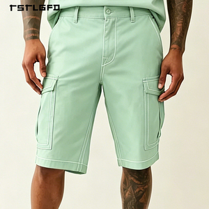 Pantalones Cortos Personalizados para Hombre, Corte Recto, Mezcla de Poliéster y Algodón, Verde Menta, Costuras en Contraste, para Verano, Casual - Product Image 2
