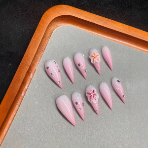 Uñas Postizas Largas Hechas a Mano con Diseño de Garra de Dragón, Color Rosa Degradado, Flores Esculpidas en 3D y Cristales, Estilo Gótico Romántico - Product Image 3