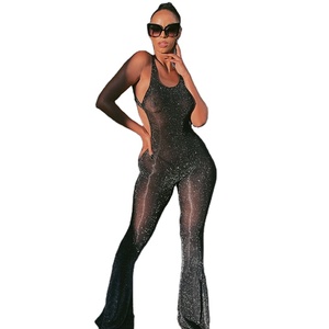 Una pieza de cuello negro brillante sin mangas pantalones longitud completa patchwork de <span class=keywords><strong>mujer</strong></span> estilo casual mono bodycon - Product Image 1