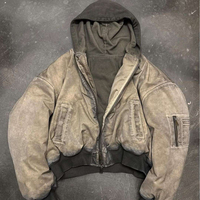 Blouson Bomber Zippé Court et Ample pour Homme avec Capuche, Style Vintage Délavé à l'Acide, Fabrication Personnalisée TOPSHOW