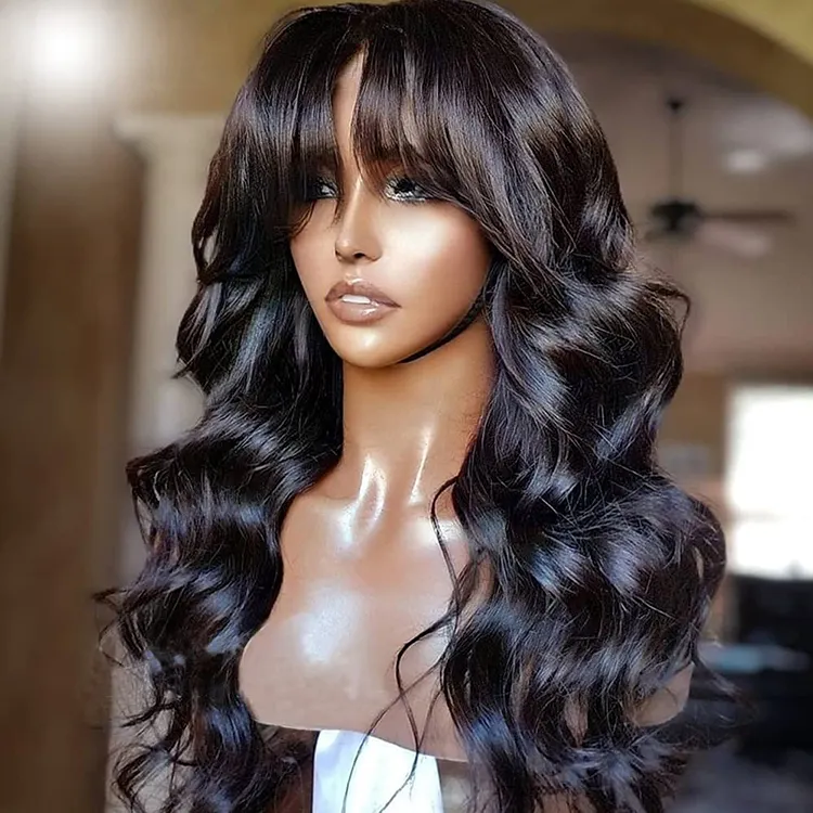 Glueless Brazilian Wavy Curly Bang Wigs Hd Lace Virgin Human Hair Wigs With Bangs