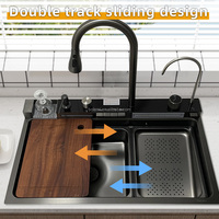 Accessoires de cuisine : Évier multifonction en acier inoxydable à cuve unique avec robinet cascade LED intelligent, style ferme