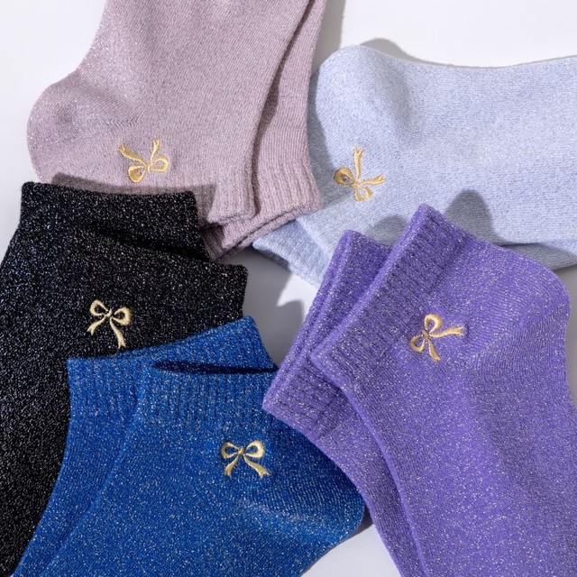 Fashion Women's Glittery Gold Bow Embroidery Ankle Socks Shiny Short Socks for Daily Party