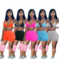 L5235 Cross Neck Fashion Lässig Sexy Low Cut Hosenträger Weste Sports horts Zweiteiliges Short Set Street Wear