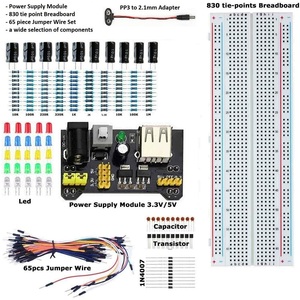 Module d'alimentation pour breadboard 2,1 mm avec fils de liaison et kit de composants pour le prototypage électronique - Product Image 1