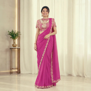 Sari de seda Rangoli con bordado de diseñador, listo para usar, con lentejuelas bordadas y blusa Banglory completamente cosida a mano. - Product Image 1