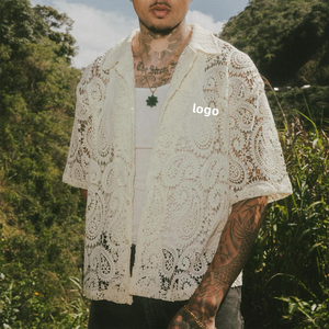 Qianjiayi Camicie in Rete da <span class=keywords><strong>Uomo</strong></span> Oversize con Logo Ricamato Personalizzato, Stile Streetwear Vintage in Cotone Pesante Nero e Bianco - Product Image 6