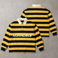 Polo rayé vintage pour homme à col contrastant, chemise de rugby à manches longues imprimée avec lettres graphiques, haut oversize style streetwear