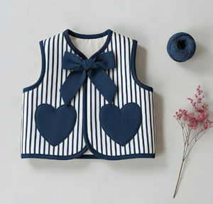 Vêtements des années 1960, veste courte matelassée à carreaux pour enfants, à simple boutonnage, ouverte sur le devant, avec nœud papillon et motif de cœurs rouges - Product Image 2