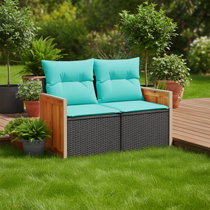 Black And Blue Garden <b>Sofa</b> Two Seat Cushioned Outdoor Furniture <b>Rattan</b> Contemporary Design - Product Image 2