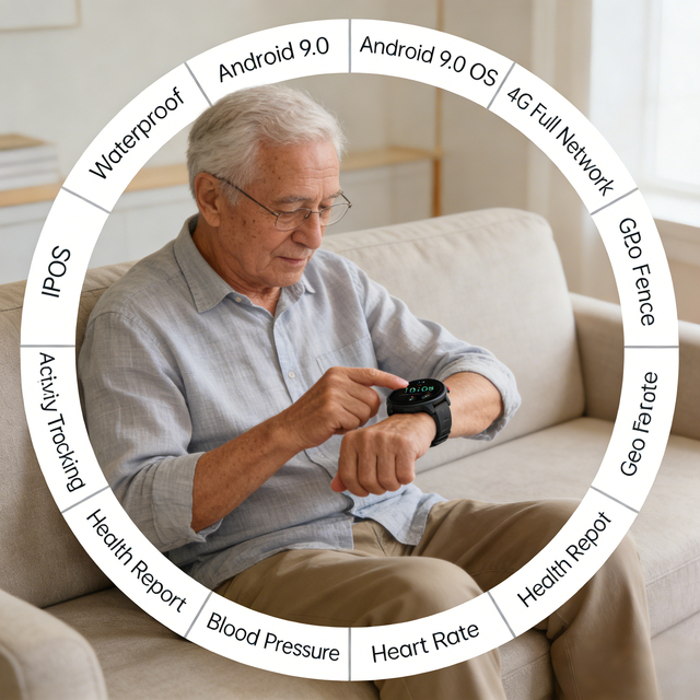4G Smart Watch for Elderly | AMOLED Display SOS Button GPS Tracking Step Counter Sleep Monitoring IP67 Waterproof 4 Days Battery