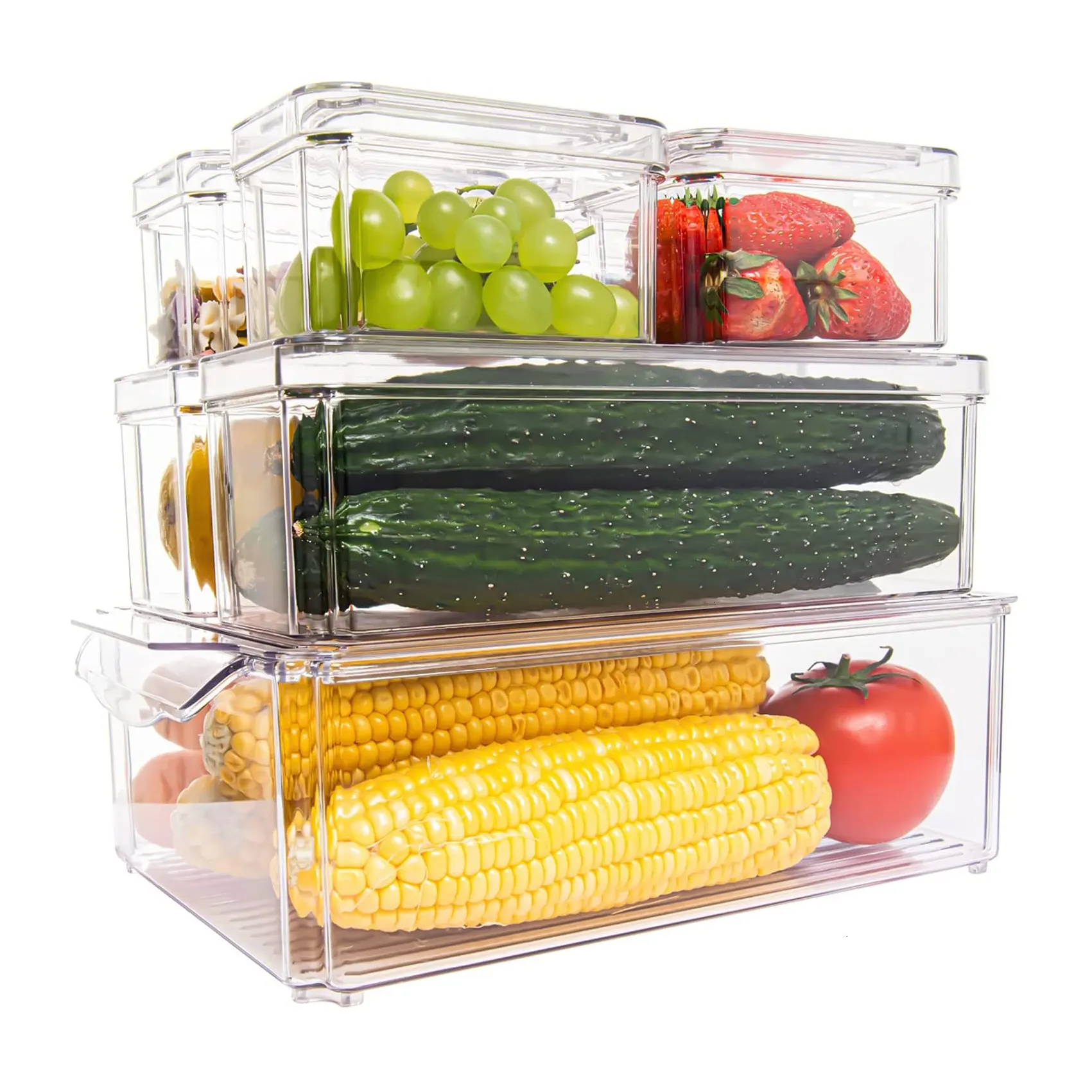 7 pièces empilables cuisine réfrigérateur bacs à aliments frais réfrigérateur en plastique transparent organisateur conteneur boîte de rangement avec couvercle