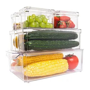 7PCS Empilhável Cozinha Geladeira Food Bins Fresh Refrigerator Clear Plastic Organizer Container Storage Box com Tampa