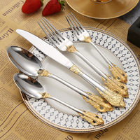 Ensemble de couverts en acier inoxydable doré à motifs baroques, couteau à steak, fourchette, cuillère, argenterie, vaisselle