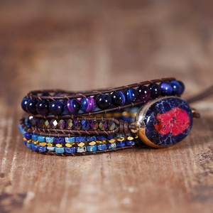 Braccialetti Avvolgenti in Pelle Multistrato BOHO con Pietre Blu e Rosse, Bracciale con Perline, Gioielli Bohemien per Ragazze, Bijoux all'Ingrosso - Product Image 4
