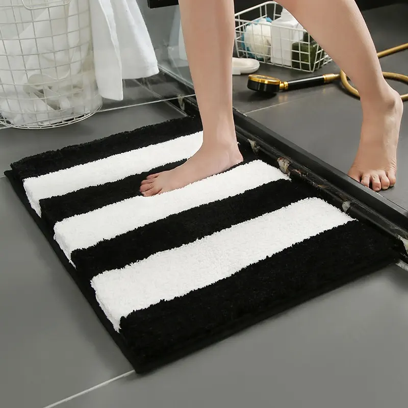 Großhändler Luxus Super Shaggy Stripe Bad teppiche Hochwertige wasser absorbierende Mikro faser Hotel rutsch feste flauschige Bade matten