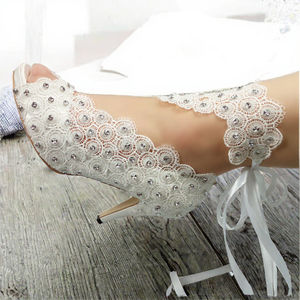 Elegant <b>White</b> Pearl Lace Wedding <b>Shoes</b> Open Toe 8cm Thin <b>Heels</b> Bridal Partyfish Mouth Breathable Solid Pattern Spring Weddings - Product Image 3