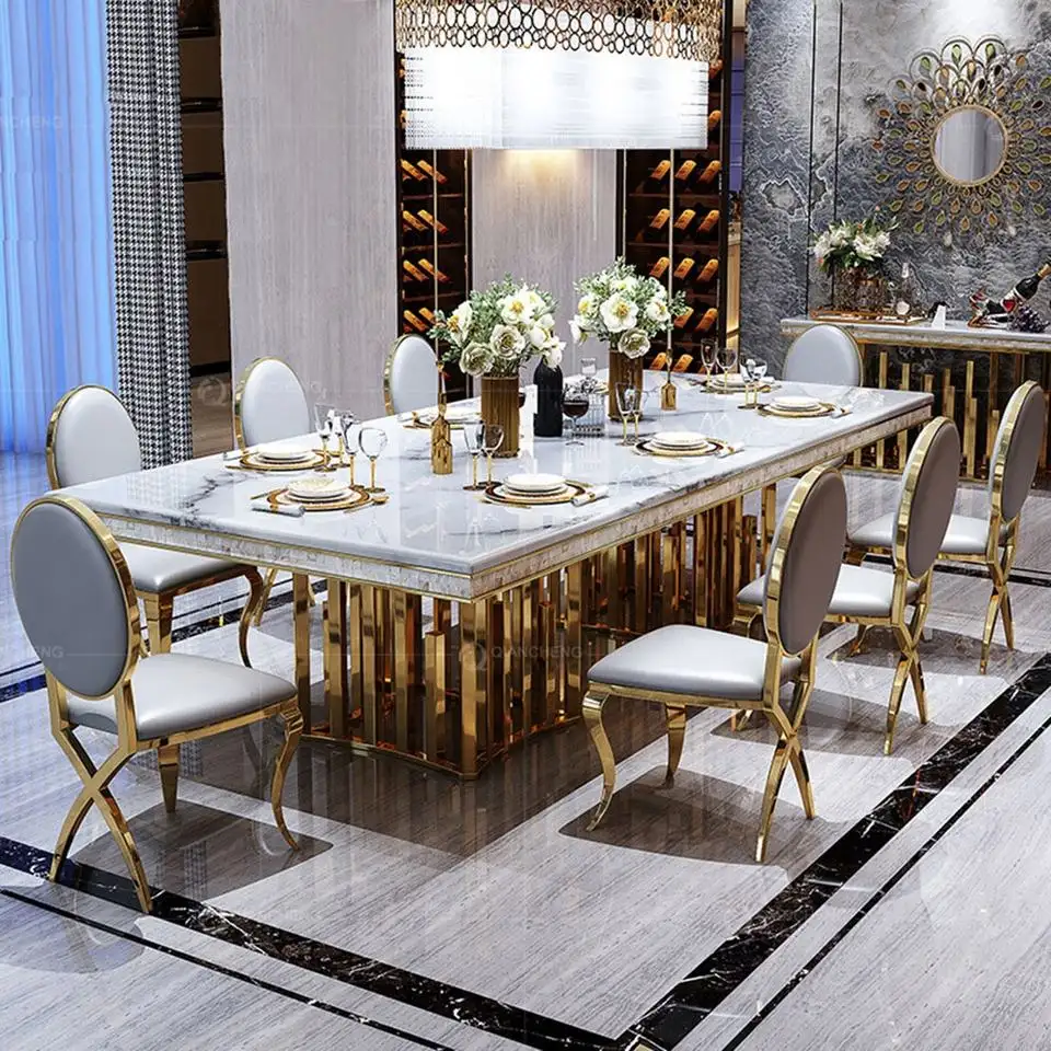 Luxury Natural Stainless Steel Table Home Table And Chair Set Villa Large Rectangular Metal Marble Dining Tables
