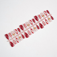 Faux ongles à presser rouge bordeaux, forme amande moyenne, avec motif lèvres et nœud doré, pour femmes, pour la Saint-Valentin, le quotidien et les soirées