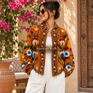 Chaqueta de Mujer RT3 Boho de Terciopelo Tejido, Bordado, Acolchado, con Diseño Floral Suzani, para Verano, Otoño e Invierno, 100% Algodón, de Secado Rápido - Product Image 6