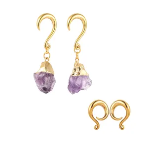 Customised PVD Gold Plating Amethyst Stone Charm Ear Weights Hangers Gauges Plugs Stainless Steel Hooks Piercings Body Jewelry