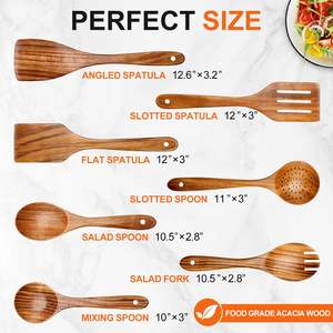 Ensemble de 9 ustensiles de cuisine en bois de teck thaïlandais avec support – Spatules, cuillères et autres outils de cuisson - Product Image 2