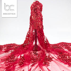 Luxury French Red Beads Tulle <strong>Lace</strong> <strong>Fabric</strong> with <strong>Heavy</strong> Beaded Embroidery Eco-Friendly Mesh <strong>Lace</strong> for Bridal Wedding Dresses - Product Image 1