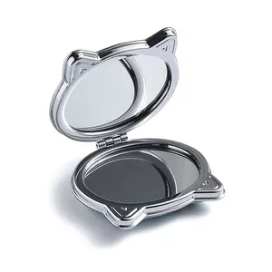 Espelho de bolso para maquiagem cosmética, espelho compacto portátil pequeno dobrável para viagem, formato de gato, com pintura de diamante e PU