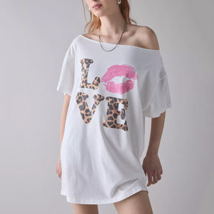 Robe T-shirt décontractée d'été pour <span class=keywords><strong>femme</strong></span>, style <span class=keywords><strong>vintage</strong></span>, col rond, avec logo imprimé lèvres et cœur sur le devant - Product Image 1