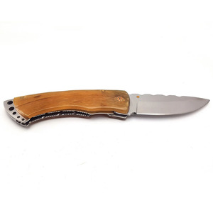 Navaja de bolsillo OEM de acero inoxidable de grado industrial con mango de madera, botón de apertura, punta de caída, hoja recta y gruesa para camping al aire libre - Product Image 1