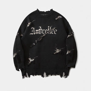 Marque privée hiver <span class=keywords><strong>Vintage</strong></span> bord effiloché hommes 100% coton <span class=keywords><strong>pull</strong></span> décontracté rétro Style américain haute rue <span class=keywords><strong>pull</strong></span> en tricot - Product Image 4