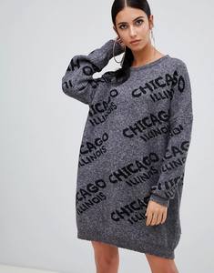 Plus Size Crew Neck <strong>Jumper</strong> Casual Dress Style <strong>With</strong> Chicago <strong>Slogan</strong> in Grey - Product Image 2