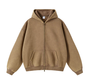 Sweat-shirt à capuche vintage en denim délavé à l'acide, fermeture éclair, effet usé, lourd, surdimensionné pour homme, automne-hiver - Product Image 3