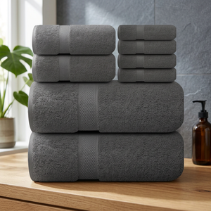 Ensemble de serviettes de bain en coton rayé gris, douces et absorbantes, pour hôtel et spa - Product Image 1