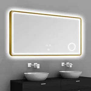 एलईडी रोशनी के साथ आयत श्रृंगार दर्पण बाथरूम की दीवार के दर्पण के साथ सोने के फ्रेम संवेदन बाथरूम दर्पण