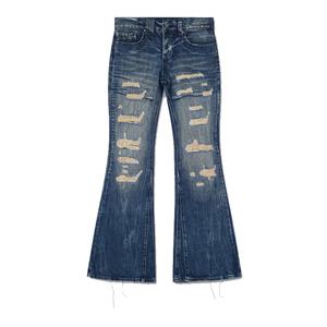 Fabricant de vêtements sur mesure, jeans bleus à lacets pour hommes, jeans déchirés, réparés, effet usé, coupe bootcut - Product Image 2