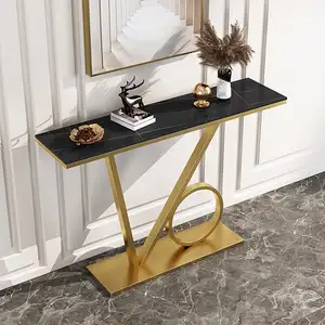 Cheap Popular Unique Small Slim Wrought Iron Metal Black Gold Marble Luxury Modern Console Table