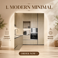Meubles de cuisine modernes minimalistes en bois grainé avec four intégré et niche à café LED