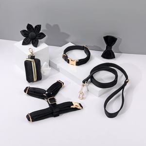 Op Maat Gemaakt Logo Van Hoge Kwaliteit Duurzaam Nylon En Zacht Fluwelen Hondenharnas Set Gouden Metalen Gesp Hondenriem Harnas Set - Product Image 3